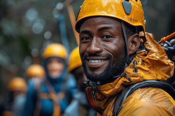 Outdoor corporate team-building activity, group of men from various ethnic backgrounds navigating a rope course, teamwork and leadership focus
