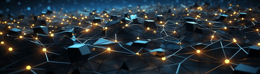 Fototapeta premium A dark blue abstract background with glowing yellow dots connected by lines.