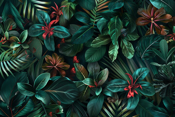 A refined background with a detailed botanical print featuring exotic plants and flowers in vibrant greens and reds on a dark background.