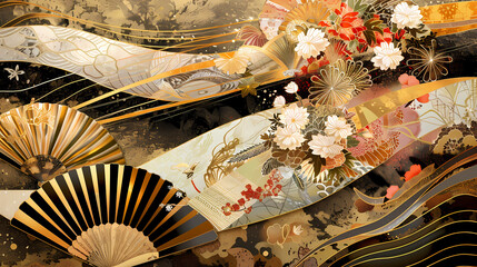 Art of Zen: Golden Fans and Floral Elegance