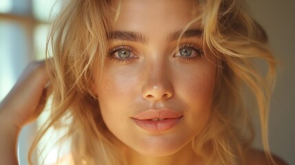 Portrait of beautiful woman. Woman with blonde hair takes care about skin. Beauty concept. Skin concept. Woman concept. Care concept.