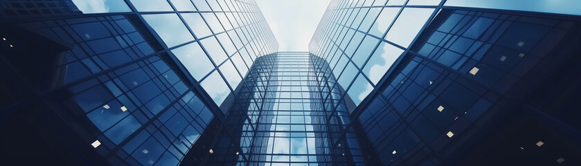 Fototapeta premium Towering giants holding hands. Two tall buildings standing side by side, reaching towards the sky with impressive height and architectural design