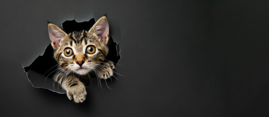 Cat peeking through a hole on black wall with copy space