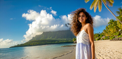 Young Indian Female on Vacation at Seaside Tropical Beach. Travel Concept. 