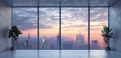 A wall background featuring a large, panoramic window with a view of the city skyline at twilight,...
