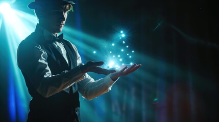 A magician or illusionist is performing magic tricks with his hands