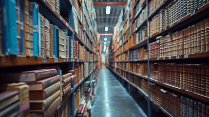 A wide shot of a warehouse full of law books