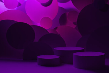 Abstract scene for presentation cosmetic products mockup - three round podiums in gradient dark...