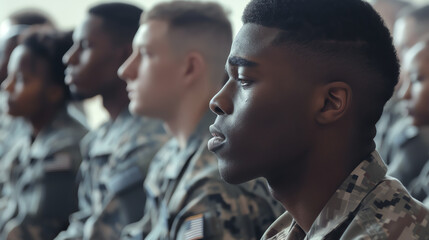 Fototapeta premium Depict a diverse group of military personnel, including various races and genders, participating in a prayer session on USA Prayer Day at a military base
