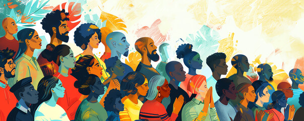 Illustrate a community event on USA Prayer Day where people of different ethnicities are sharing prayers and stories under a banner that reads  Unity in Diversity