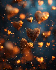 A festive portrayal of golden hearts floating up in a digital parade of pixel confetti