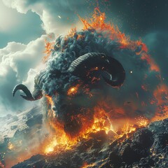 A fire breathing rampaging minotaur made of lava stands on top of a volcano about to erupt