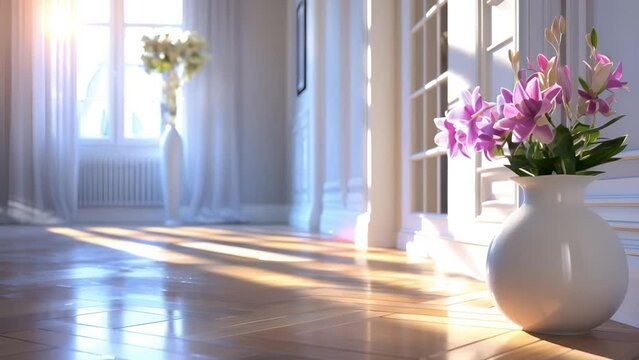 Tranquil morning scene with sunlight streaming through windows, casting a warm glow on wooden floors and highlighting a vase of fresh purple flowers placed elegantly indoors