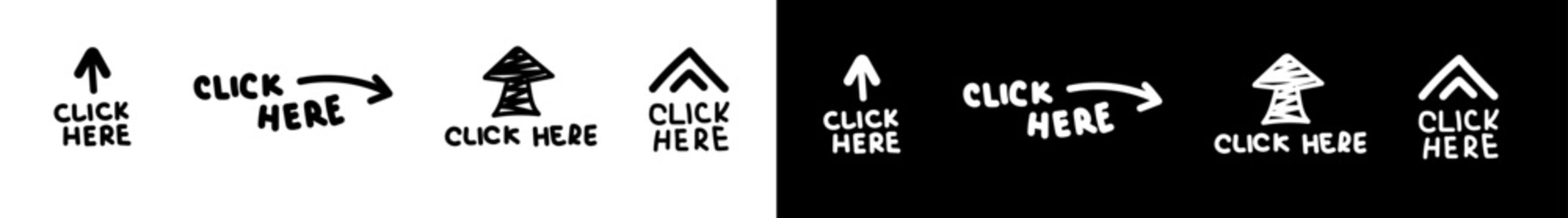 Doodle text click here with line doodle arrow. White and black line doodle arrow