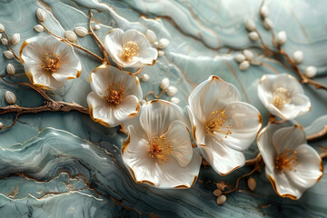 3D abstract painting of white flowers on jade background. Created with AI