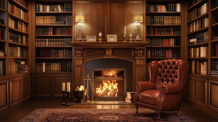 A warm, inviting living room with a traditional, wood-burning fireplace, a leather wingback chair, rich, wooden bookshelves filled with classic literature, and soft,