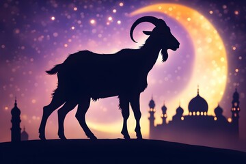 Goat silhouette against mosque. Eid Al Adha Mubarak the celebration of Muslim