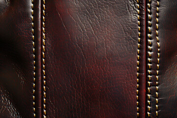 A sophisticated background with a rich leather texture in burgundy, detailed with gold stitching along the seams.