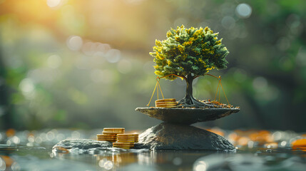 Eco Investment Balance: Tree and Gold Coins Scale - Concept for Eco-Friendly Investments