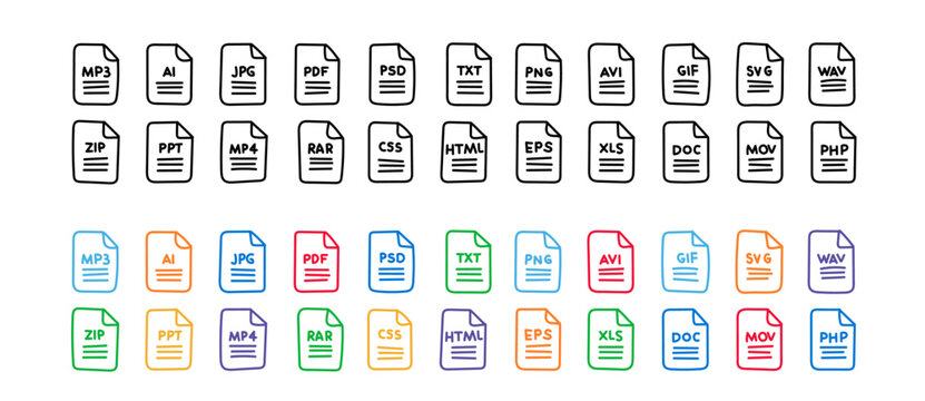Doodle document file type format icon set in line style. File format extensions simple line color style symbol. Vector illustration.