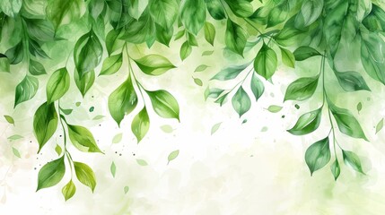 Watercolor spring background with green leaves and foliage on a white background, vector illustration in the style of a flat design with a green color palette using bright and soft colors