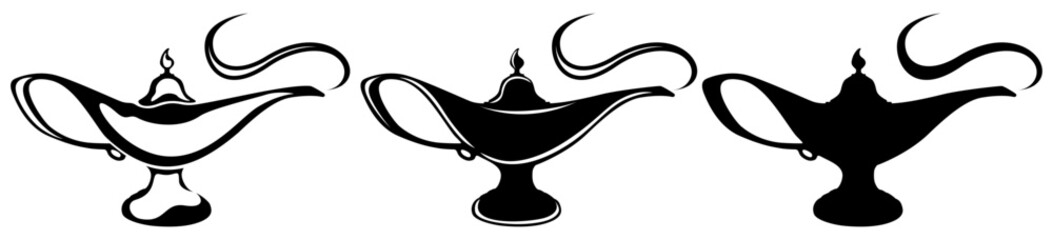 set silhouettes genie lamp icon. Aladdin Magic Lamp symbol vector illustration