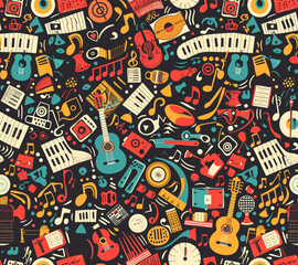 Seamless pattern illustration colorful with music and a variety of instruments.