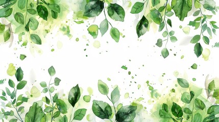 Watercolor spring background with green leaves and foliage on a white background, vector illustration in the style of a flat design with a green color palette using bright and soft colors