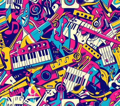 Seamless pattern illustration colorful with music and a variety of instruments.
