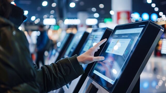 Anonymous customer touching a digital screen at a checkout kiosk with a payment terminal in a retail setting