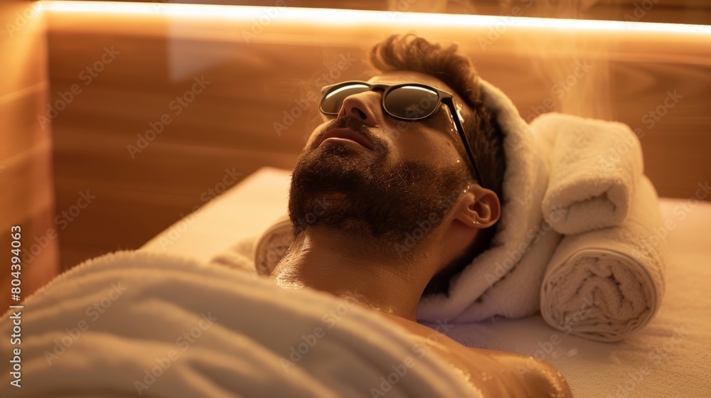 Poster a man lying on a sauna lounger with a towel over his face infused with a blend of frankincense and c