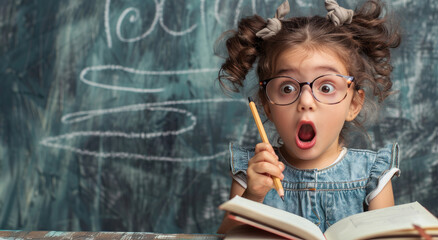 A young girl with glasses is writing in her notebook while she looks surprised and excited, holding an open pencil to the side of her mouth.