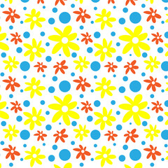 Bright seamless pattern with daisies. Minimalistic texture with yellow and orange daisy buds and blue circles on a white background. Print for decoration and printing.