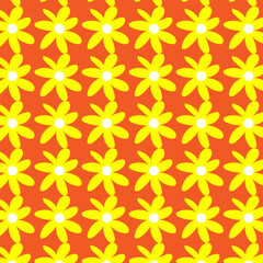 Bright seamless pattern with daisies. Minimalistic texture with yellow and white chamomile buds on an orange background. Print for decoration and printing.