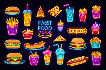 Fast Food neon icons. Food isolated icons, emblem, design template. French fries, Drink, Pizza, Burger, Taco, Shawarma, Hot Dog, Noodles, Donut. Vector Illustration
