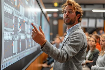 Educational tech presentation in a university setting, professor demonstrating software to students in a smart classroom, interactive learning