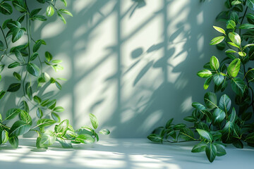 A beautiful light beige wall with vines and plants. Created with Ai