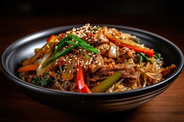 japchae or stir-fried Korean vermicelli noodles with vegetables