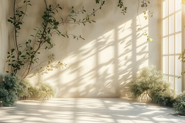 A large wall in the background, white and cream colors, sunlight coming through a window with plants on each side, empty floor. Created with Ai