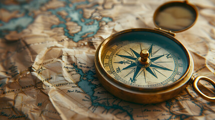 Exploration and Adventure: A Compass and Map Point Toward New Horizons in Realistic Photo Stock Concept