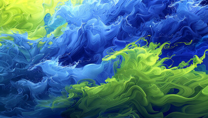 A vibrant and intense interplay of electric blue and lime green waves, swirling together in a dynamic display that brings to life the energy of a tropical storm.