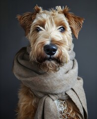 portrait of a dog in a sweater, anthropomorphic, wool scarf, funny and cute photo of a pet