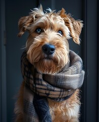 portrait of a dog in a sweater, anthropomorphic, wool scarf, funny and cute photo of a pet