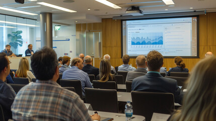 business professionals seated in a seminar room attentively listening to a speaker delivering a presentation on a large screen with charts and graphs illustrating key points