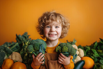 happy smiling kid boy child holds in hands a harvest broccoli on vegetables background. Children healthy nutrition food