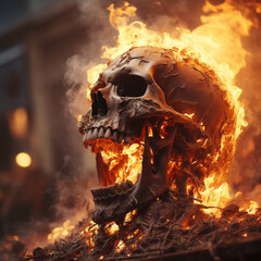 Human skull burns in fire.Death and Halloween concept