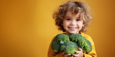 happy smiling kid boy child hold in hands a vegetables broccoli on yellow isolated background. Children healthy nutrition food