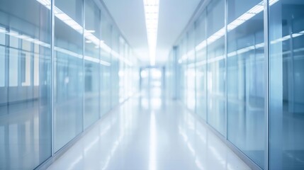 Empty white corridor with glass walls. Blurred motion image in blue and white tones. Medical facility concept. Design for healthcare posters and presentations. Wide angle perspective with copy space.