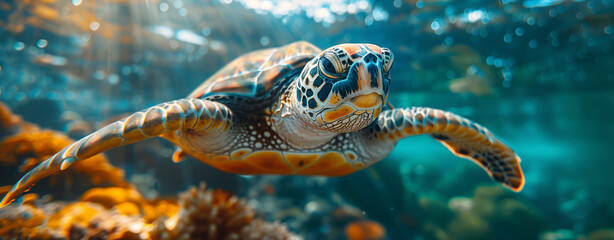 Sea turtle in the water against the background of corals