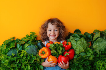 happy smiling kid girl child hold in hands a harvest of vegetables on yellow isolated background. Baby healthy nutrition food